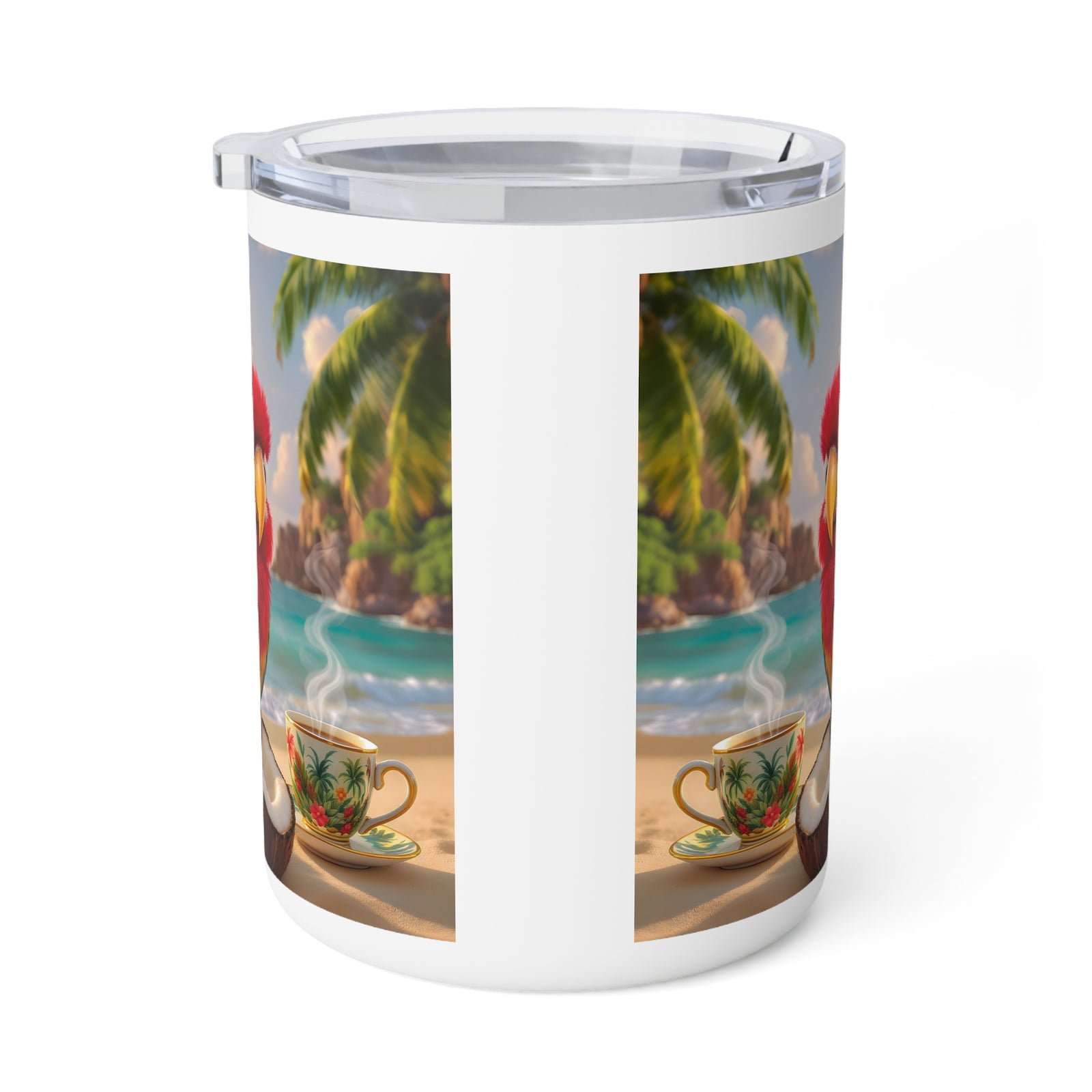 10oz Insulated Coffee Mug — Tiki the Parrot at Beach, v2