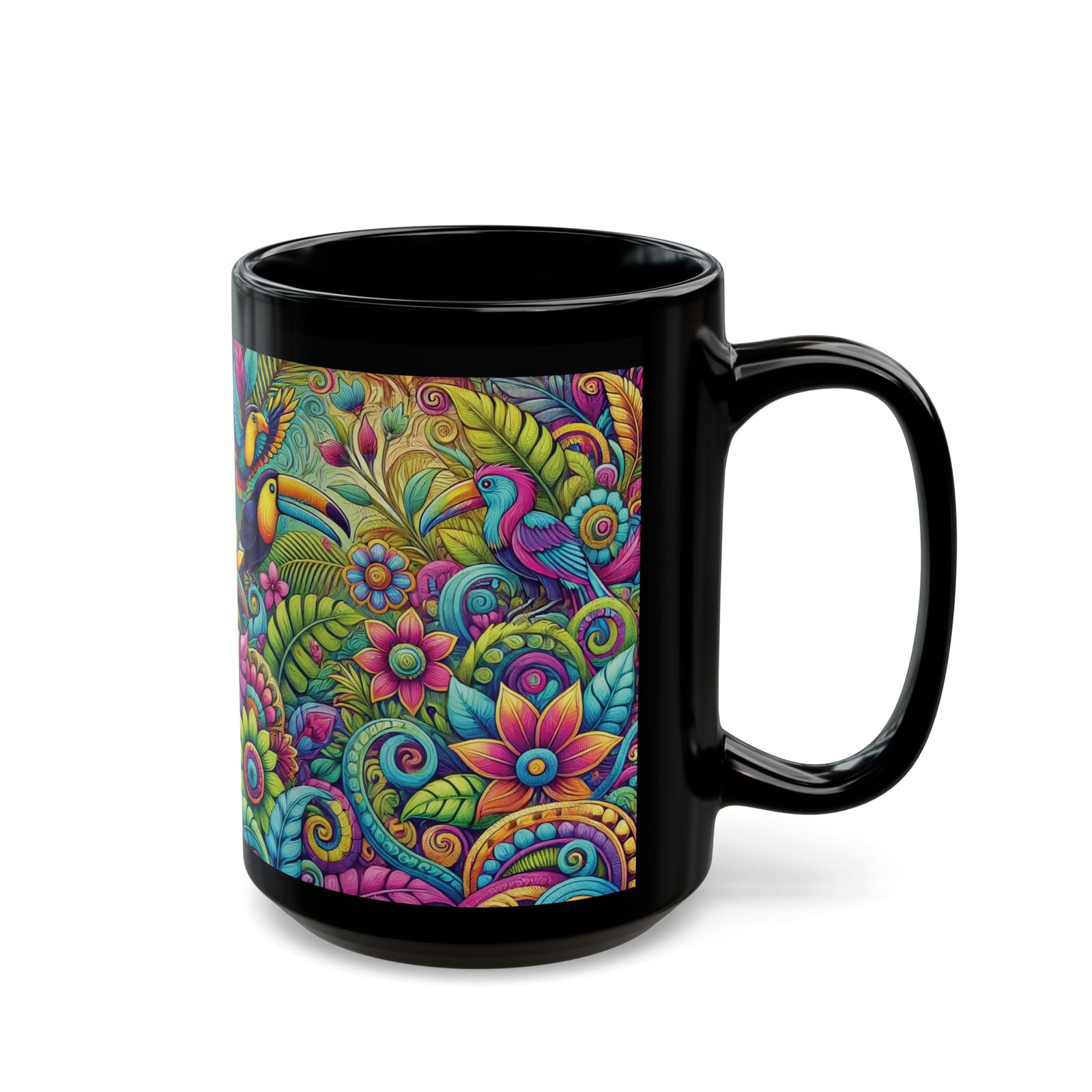Black Coffee Mug - Colorful Rainforest Parrots