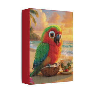 Tropical Beach Canvas - Tiki the Parrot Sunrise Wall Art, Dark Red