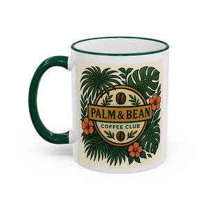 Accent Rim & Handle Coffee Mug — Palm & Bean Coffee Club Logo