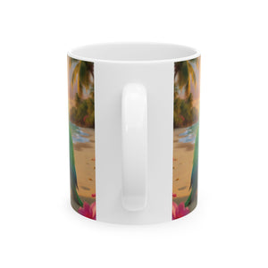 Ceramic White Mug - Tiki the Parrot on the Beach