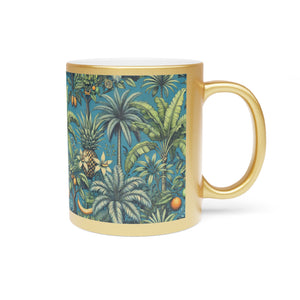 Tropical Metallic Mug, Gold or Silver - Palms & Oranges, Peacock Blue