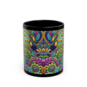 Black Coffee Mug - Colorful Rainforest Parrots