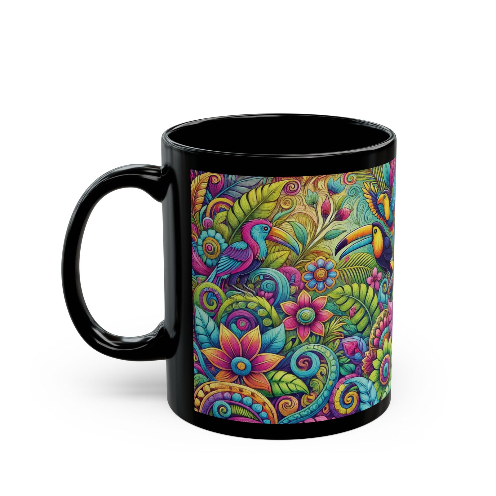 Black Coffee Mug - Colorful Rainforest Parrots