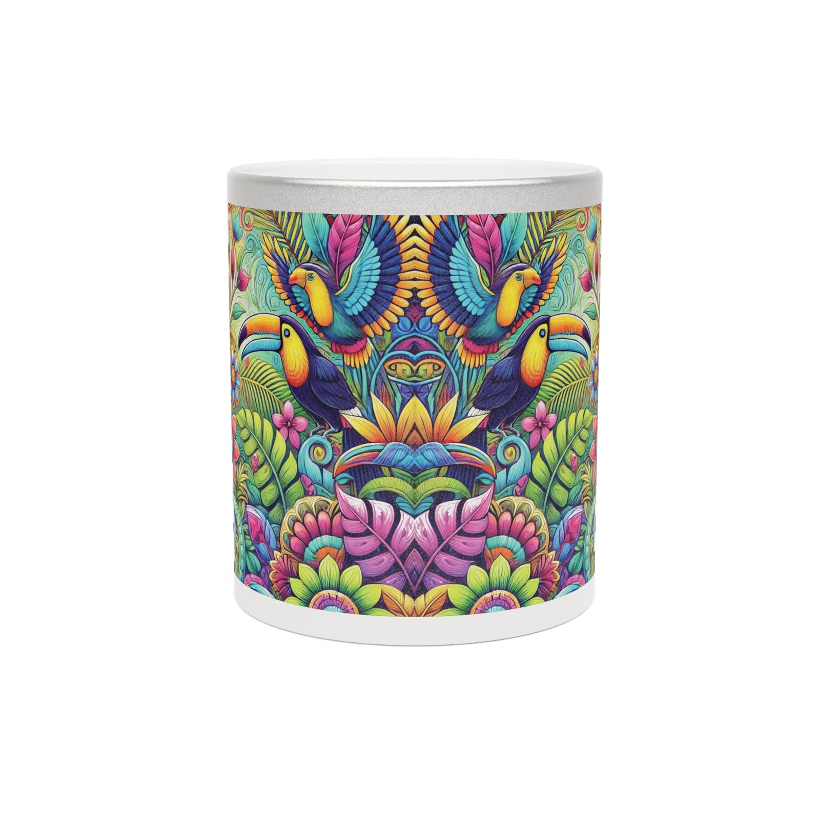 Tropical Metallic Mug, Gold or Silver - Colorful Rainforest Parrots