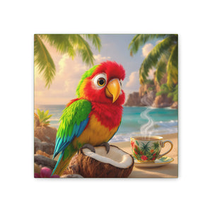 Tropical Canvas Wall Art — Tiki the Parrot With Coffee V2, Green