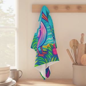 Tropical Microfiber Coffee/Tea Towel ~ Vibrant Pink Pelicans & Hibiscus