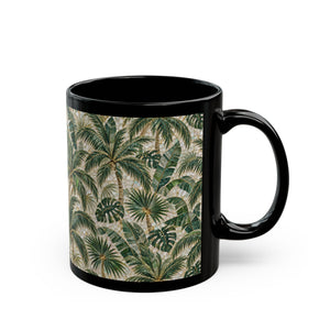 TropicalBlack Mug, 11 & 15 oz – Botanical Palm Mosaic Coffee Cup