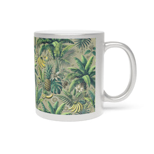 Tropical Metallic Mug, Silver - Palms & Bananas, Taupe Green