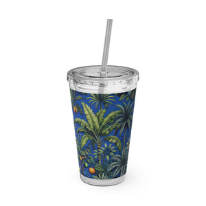 Tropical Tumbler with Straw | 16 oz: Tropical Palms & Fruit, Blue