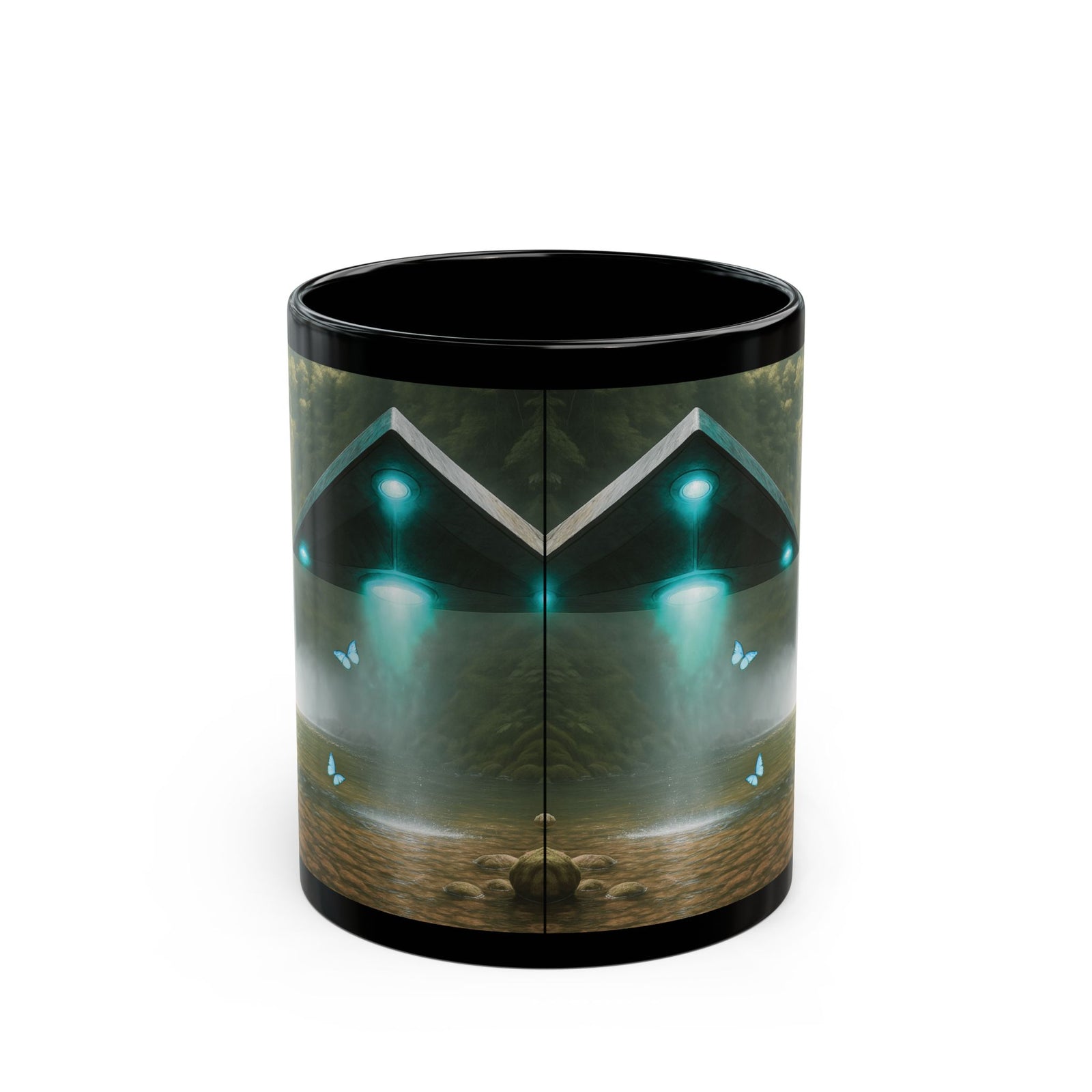 Black Coffee Mug - UFO & Waterfall