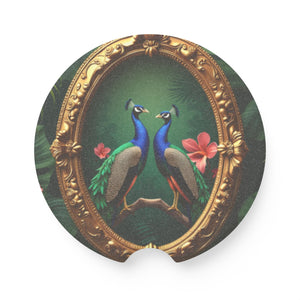 Soapstone Car Coaster - Framed Two Peacocks