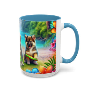 Cute Beach Puppies Playing Frisbee - Black Coffee Mug - Perfect Gift for Dog Lovers