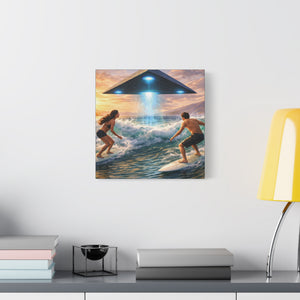 Surfing UFO Canvas Print — Beach Sunset Sci‑Fi Wall Art