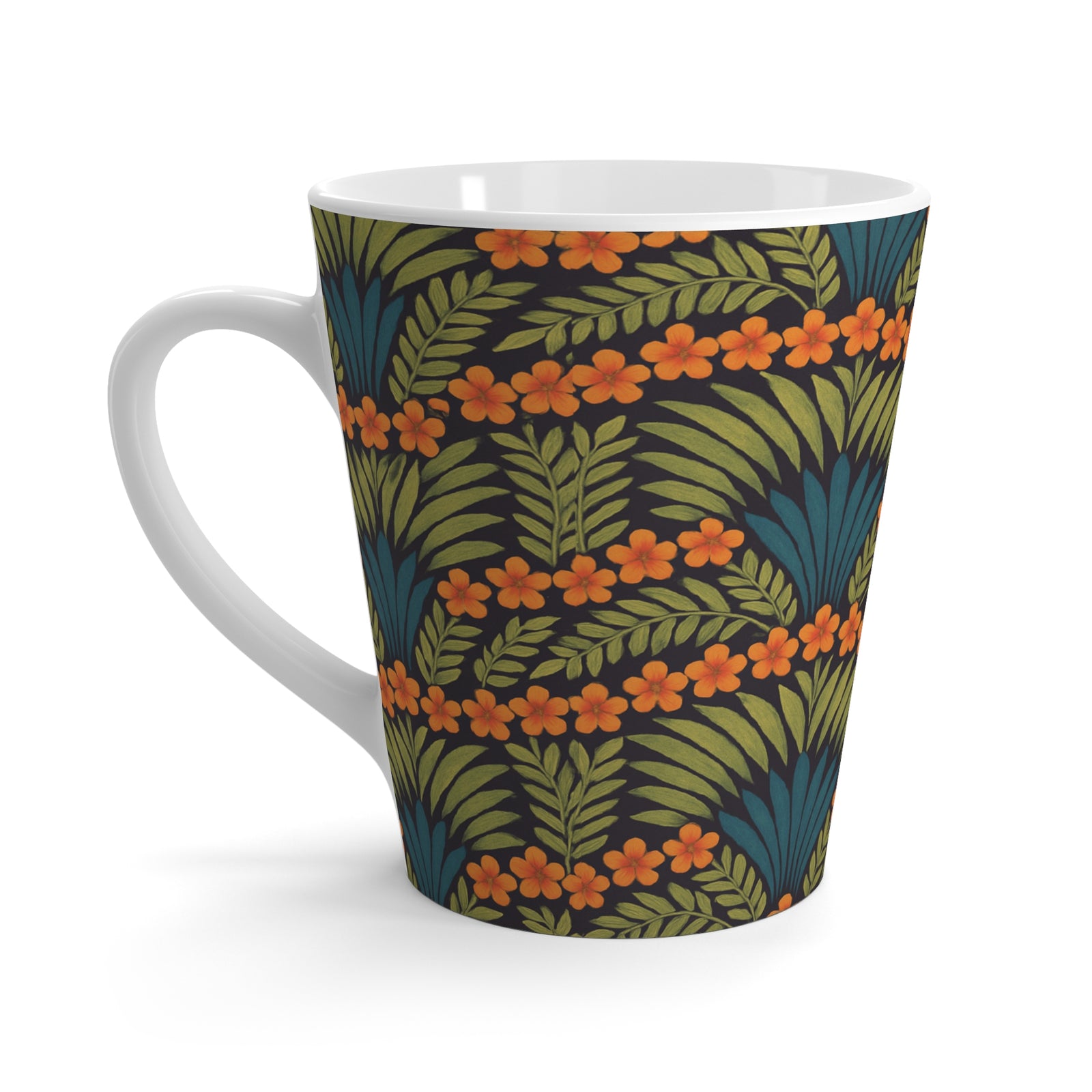 Latte White Mug - Hibiscus Fan Dance, Orange