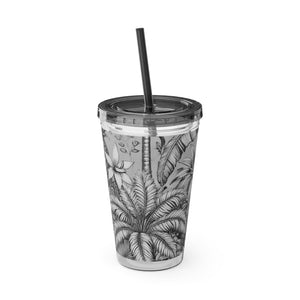 Tropical Tumbler with Straw | 16 oz: Tropical Palms & Fruit, Noir