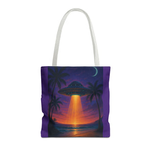 UFO at Beach Sunset Tote Bag, Purple - 3 Sizes