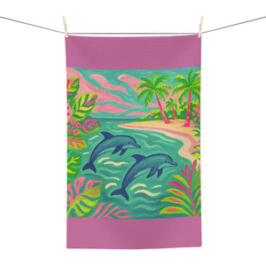 Tropical Microfiber Coffee/Tea Towel ~ Jumping Dolphins, Lt. Pink