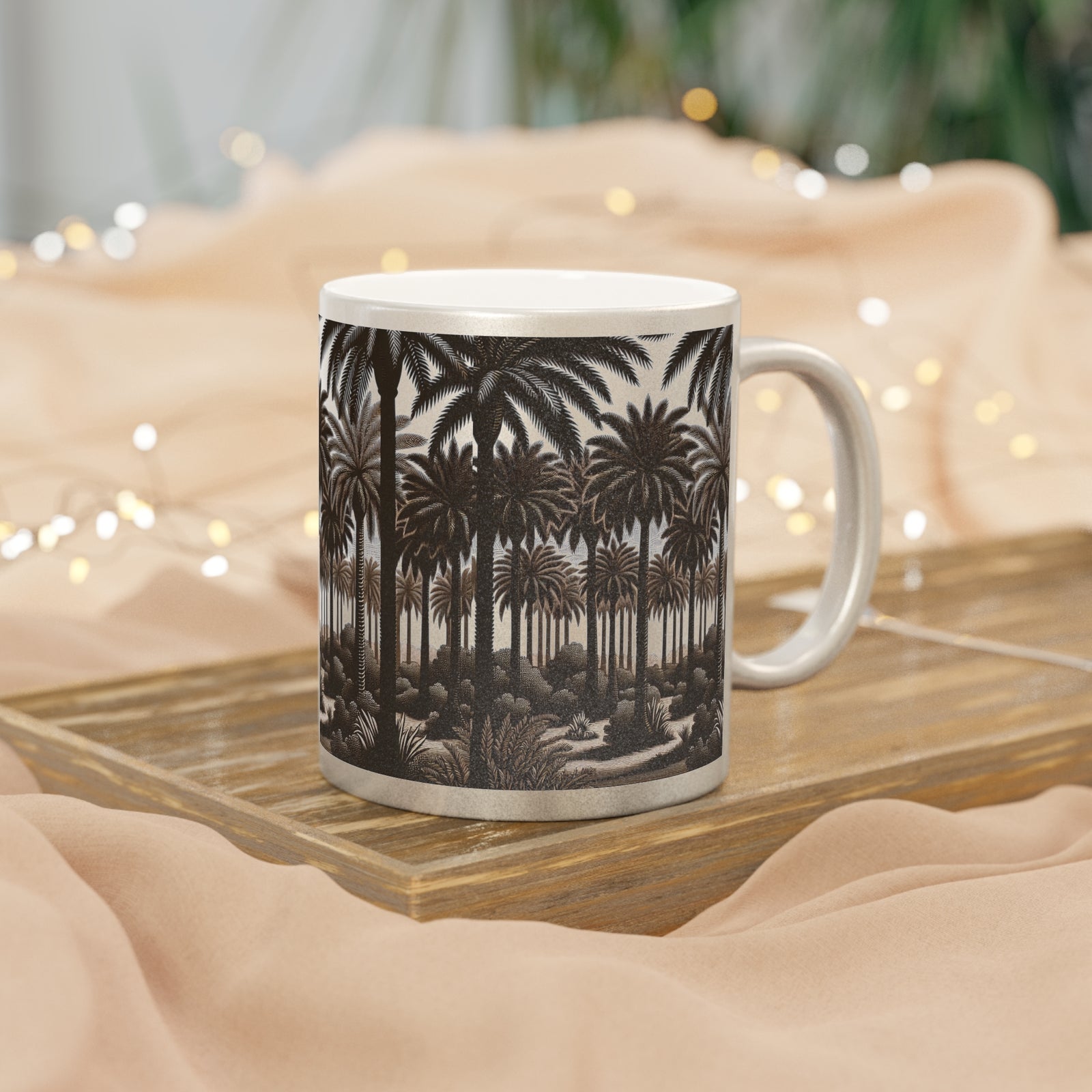 Tropical Metallic Mug, Gold or Silver - Woodcut Palms
