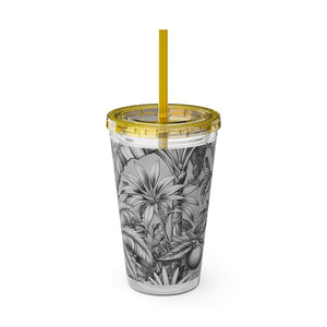Tropical Tumbler with Straw | 16 oz: Tropical Palms & Fruit, Noir