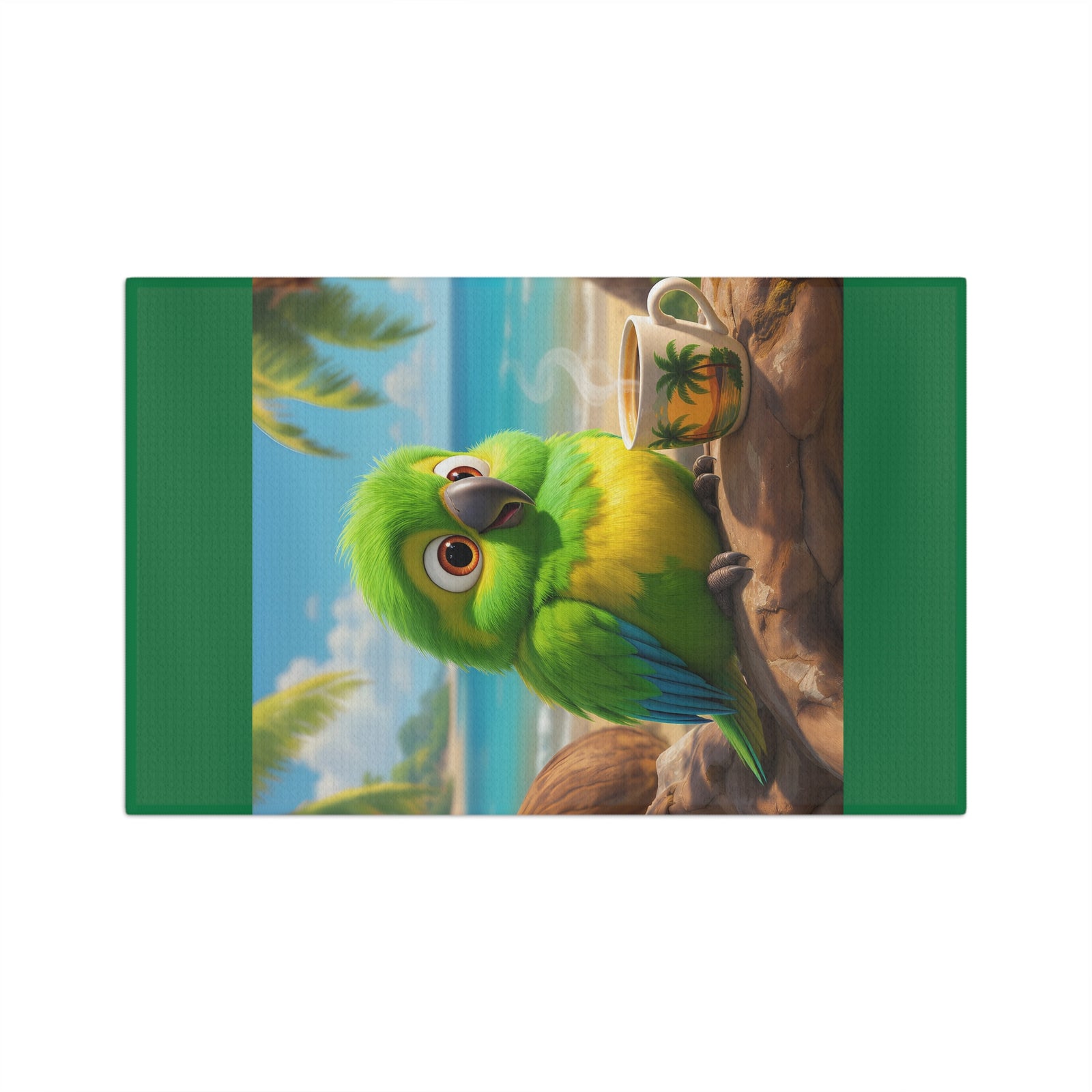 Tropical Coffee/Tea Towel — Lulu the Parrot at Beach, Dark Green