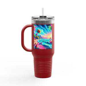 Insulated Travel Mug, 40oz / Pop Art Flamingo Beach