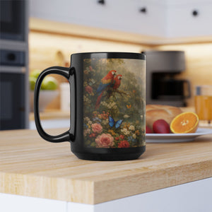 Black Ceramic Mug — Vintage Floral Rainforest Landscape, 11oz/15oz