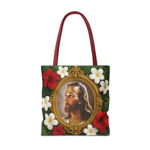 Religious Art Polyester Tote Bag, 3 Sizes / "Head of Christ" Jesus Portrait, Red Flowers