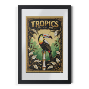 Framed Coffee Art Print — Tropical Toucan Poster for Home Decor