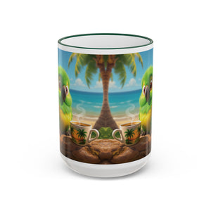 Accent Rim & Handle Coffee Mug ~ Lulu the Parrot Drinking Coffee