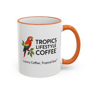 Accent Rim & Handle Coffee Mug ~ Tropics Lifestyle Coffee Parrot Logo