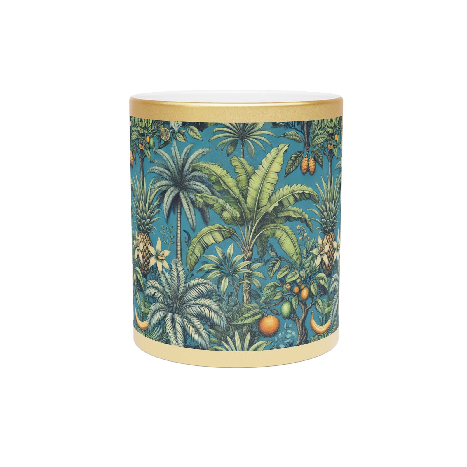 Tropical Metallic Mug, Gold or Silver - Palms & Oranges, Peacock Blue