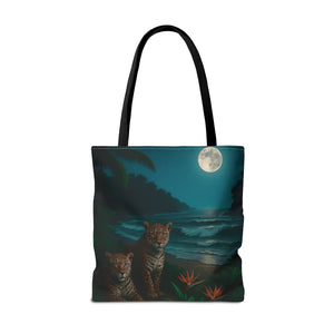 Tropical Beach & Jaguars Tote Bag, Black - 3 Sizes