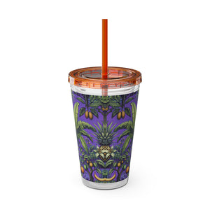 Tropical Tumbler with Straw | 16 oz: Tropical Palms & Fruit, Purple