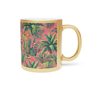 Tropical Metallic Mug, Gold or Silver - Tropical Palms & Fruit, Coral