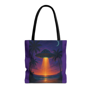 UFO at Beach Sunset Tote Bag, Purple - 3 Sizes