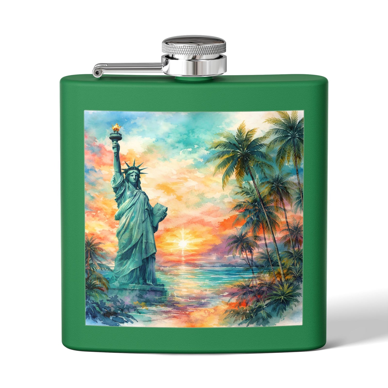 6oz Stainless Steel Flask — Sunset Statue of Liberty Coastal Art