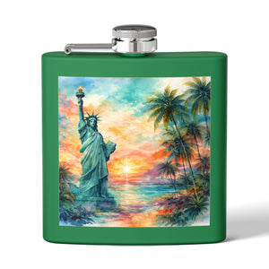 6oz Stainless Steel Flask — Sunset Statue of Liberty Coastal Art