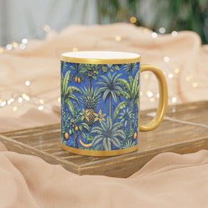 Tropical Metallic Mug, Gold or Silver - Tropical Palms & Fruit, Ocean Blue