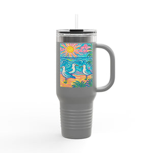 Insulated Travel Mug, 40oz / Tropical Beach Seagulls - Perfect for Outdoor Adventures