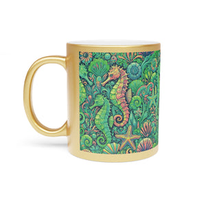Tropical Metallic Mug, Gold or Silver - Seahorse Trio, Lime