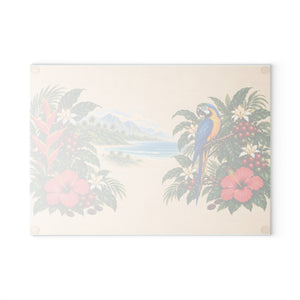 Tropical Parrot Glass Cutting Board – Hawaiian Hibiscus & Beach Kitchen Decor
