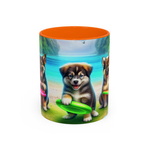 Cute Beach Puppies Playing Frisbee - Black Coffee Mug - Perfect Gift for Dog Lovers