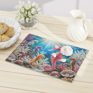 Glass Coffee Station Tray — Colorful Pink Seahorse Underwater Art