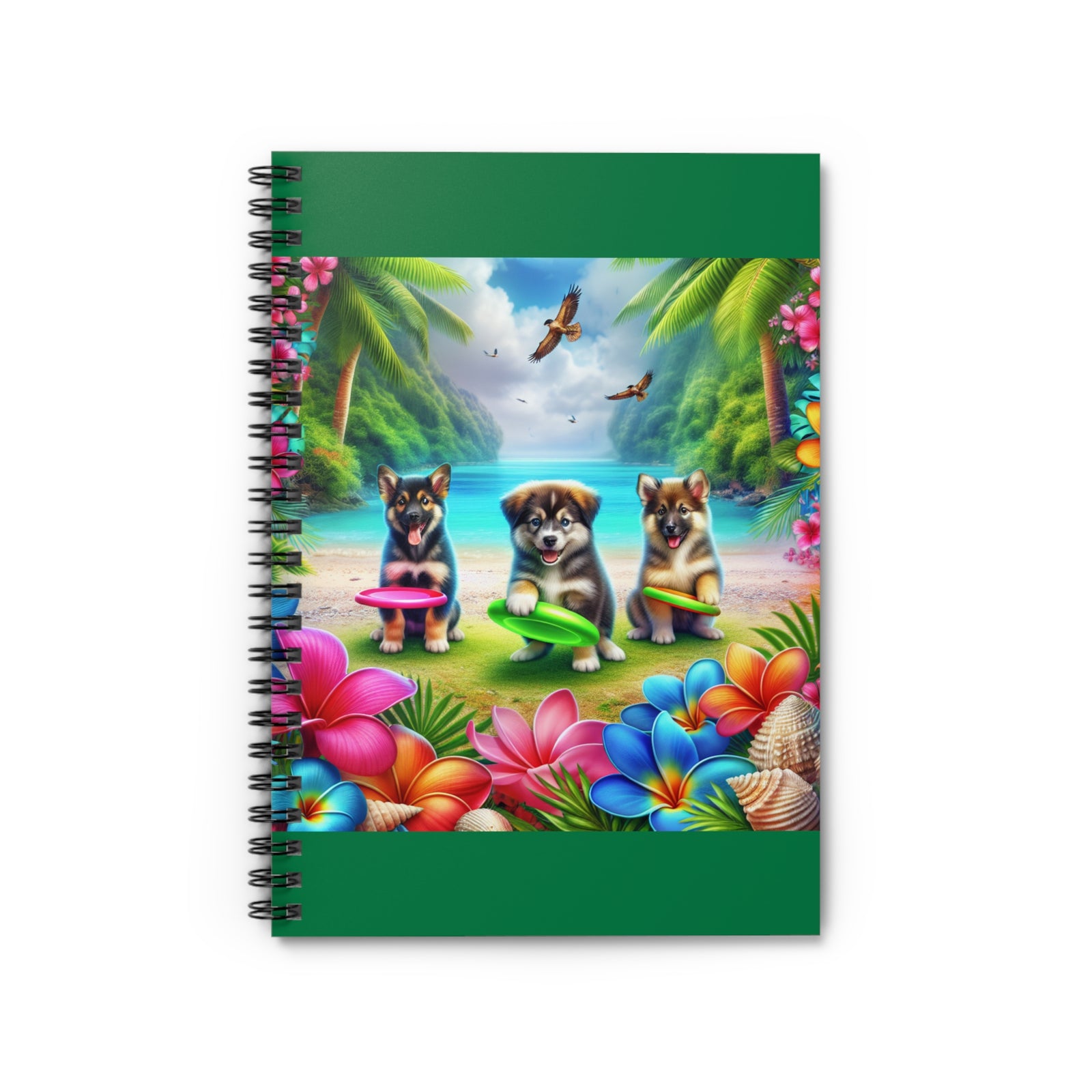 Tropical Paradise 6" x 8" Spiral Notebook - Ruled Line / Puppies Playing Frisbee