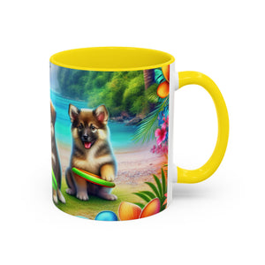 Cute Beach Puppies Playing Frisbee - Black Coffee Mug - Perfect Gift for Dog Lovers