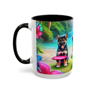 Cute Beach Puppies Playing Frisbee - Black Coffee Mug - Perfect Gift for Dog Lovers