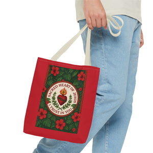 Religious Tote Bag - 3 Sizes / Sacred Heart of Jesus Prayer, Red