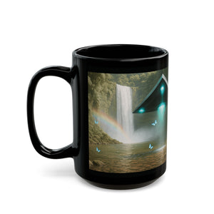 Black Coffee Mug - UFO & Waterfall