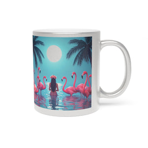 Tropical Metallic Mug, Gold or Silver - Moonlit Mermaid and Flamingos